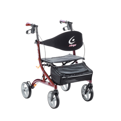The Drive Airgo eXcursion X20 Lightweight Side-fold Rollator is a red, four-wheeled walker with hand brakes, a black seat, curved Airgo backrest, and storage pouch under the seat for comfort and convenience.