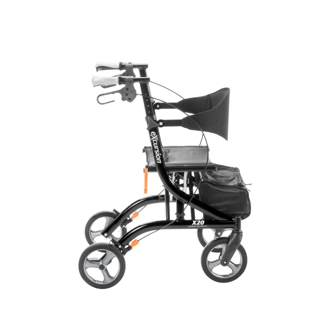 A Drive Airgo eXcursion X20 Lightweight Side-fold Rollator in black, with four wheels, seat, backrest, hand brakes, and a storage pouch is shown from the side on a white background.