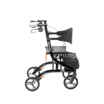 A Drive Airgo eXcursion X20 Lightweight Side-fold Rollator in black, with four wheels, seat, backrest, hand brakes, and a storage pouch is shown from the side on a white background.