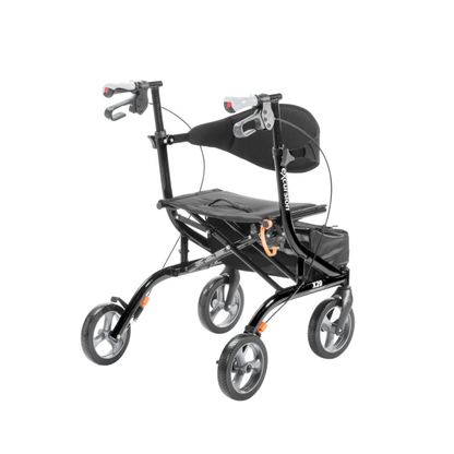 The Drive Airgo eXcursion X20 Lightweight Side-fold Rollator is a black rollator with four wheels, hand brakes, a padded seat and backrest, and a storage pouch under the seat for easy, convenient mobility assistance.