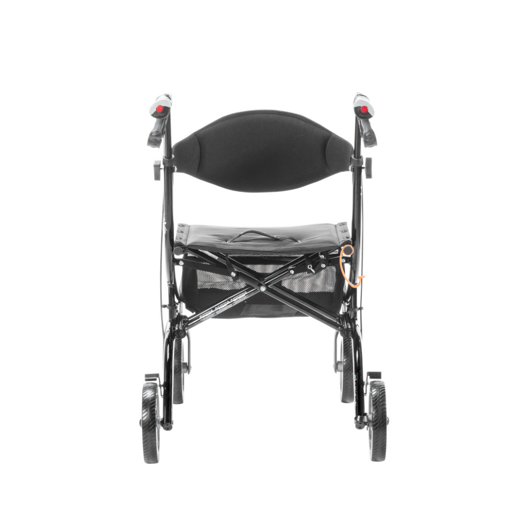 Front view of a black Drive Airgo eXcursion X20 Lightweight Side-fold Rollator featuring a padded seat, backrest, hand brakes, and storage pouch underneath, set against a white background.