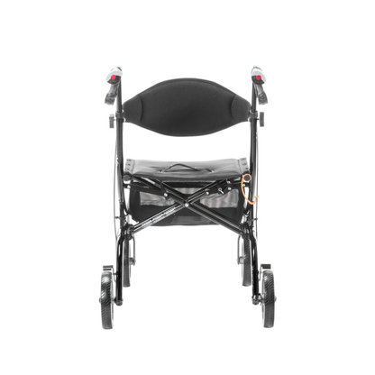 Front view of a black Drive Airgo eXcursion X20 Lightweight Side-fold Rollator featuring a padded seat, backrest, hand brakes, and storage pouch underneath, set against a white background.