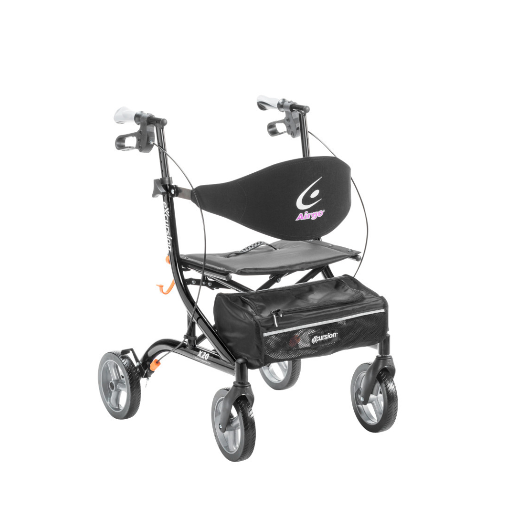 The Drive Airgo eXcursion X20 Lightweight Side-fold Rollator is black, has four wheels, a cushioned seat with curved backrest, hand brakes, and a storage bag attached under the seat.