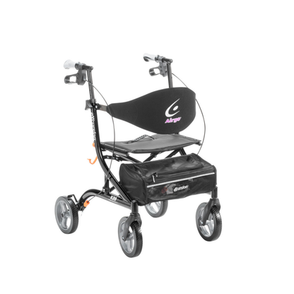 The Drive Airgo eXcursion X20 Lightweight Side-fold Rollator is black, has four wheels, a cushioned seat with curved backrest, hand brakes, and a storage bag attached under the seat.