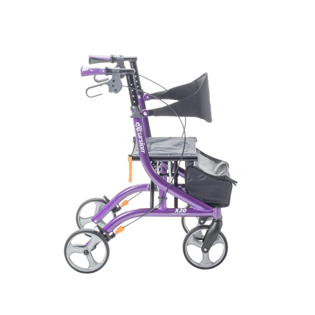 A Drive Airgo eXcursion X20 Lightweight Side-fold Rollator in purple with seat, backrest, storage pouch, and hand brakes is shown in profile against a white background.