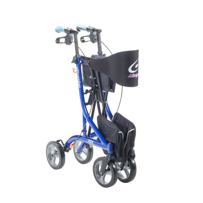 The Drive Airgo eXcursion X23 Lightweight Rollator for Tall Users features a blue, side-folding frame with four wheels, hand brakes, black storage bag, and backrest. Shown folded for easy storage or transport; provides comfort and convenience on the go.