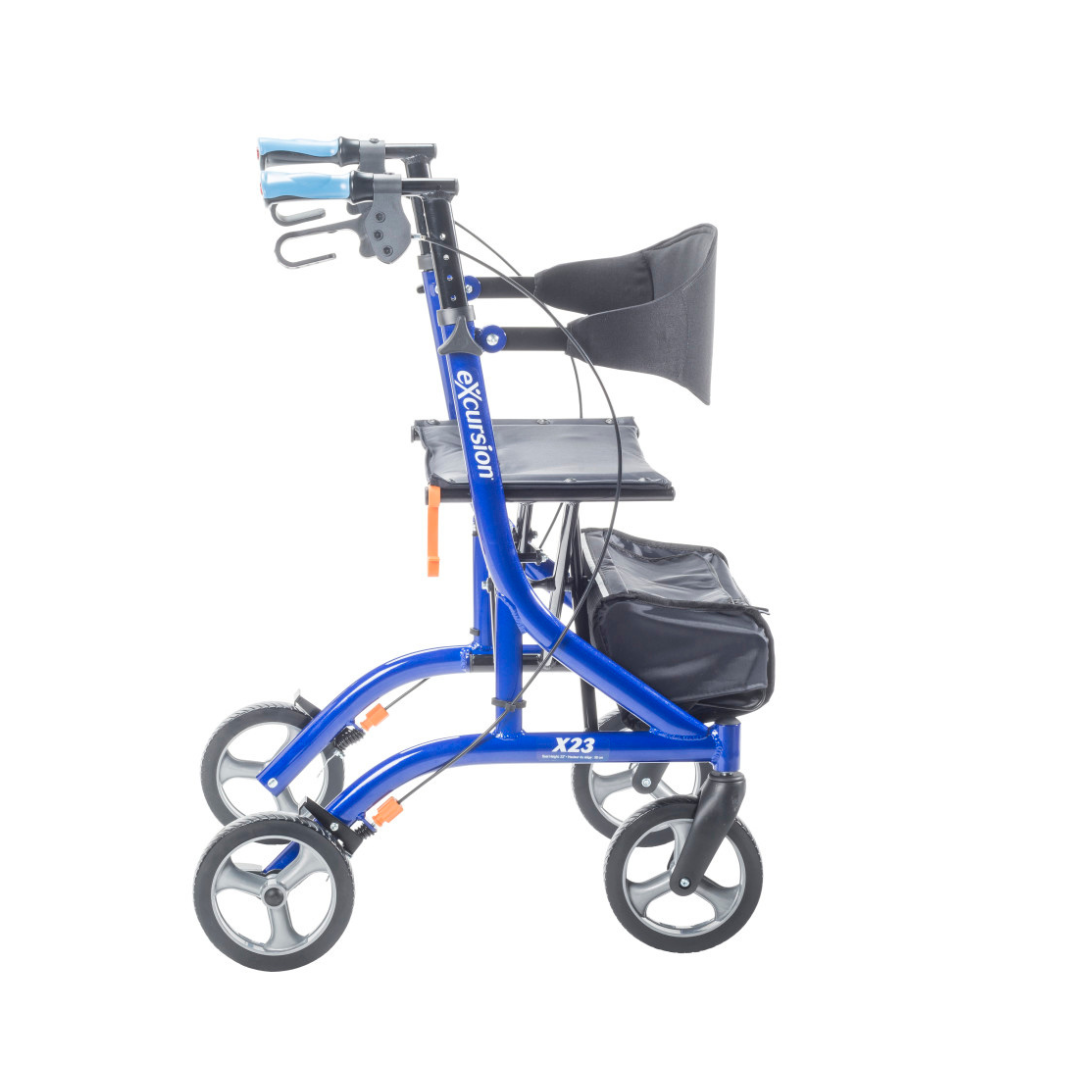 The Drive Airgo eXcursion X23 Lightweight Rollator for tall users is a side-folding walker with four wheels, padded seat, backrest, hand brakes, and under-seat storage, shown in side profile on a white background.