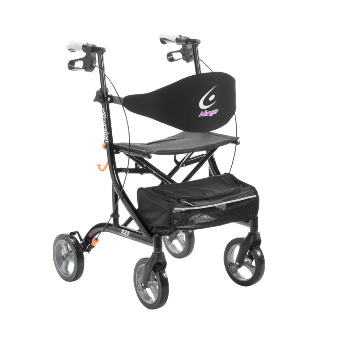 The Drive Airgo eXcursion X23 Lightweight Rollator for Tall Users is a black four-wheel walker with hand brakes, cushioned seat, backrest, mesh pouch under the seat, and convenient side-folding for easy storage.
