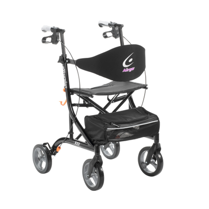 The Drive Airgo eXcursion X23 Lightweight Rollator for Tall Users is a black four-wheel walker with hand brakes, cushioned seat, backrest, mesh pouch under the seat, and convenient side-folding for easy storage.