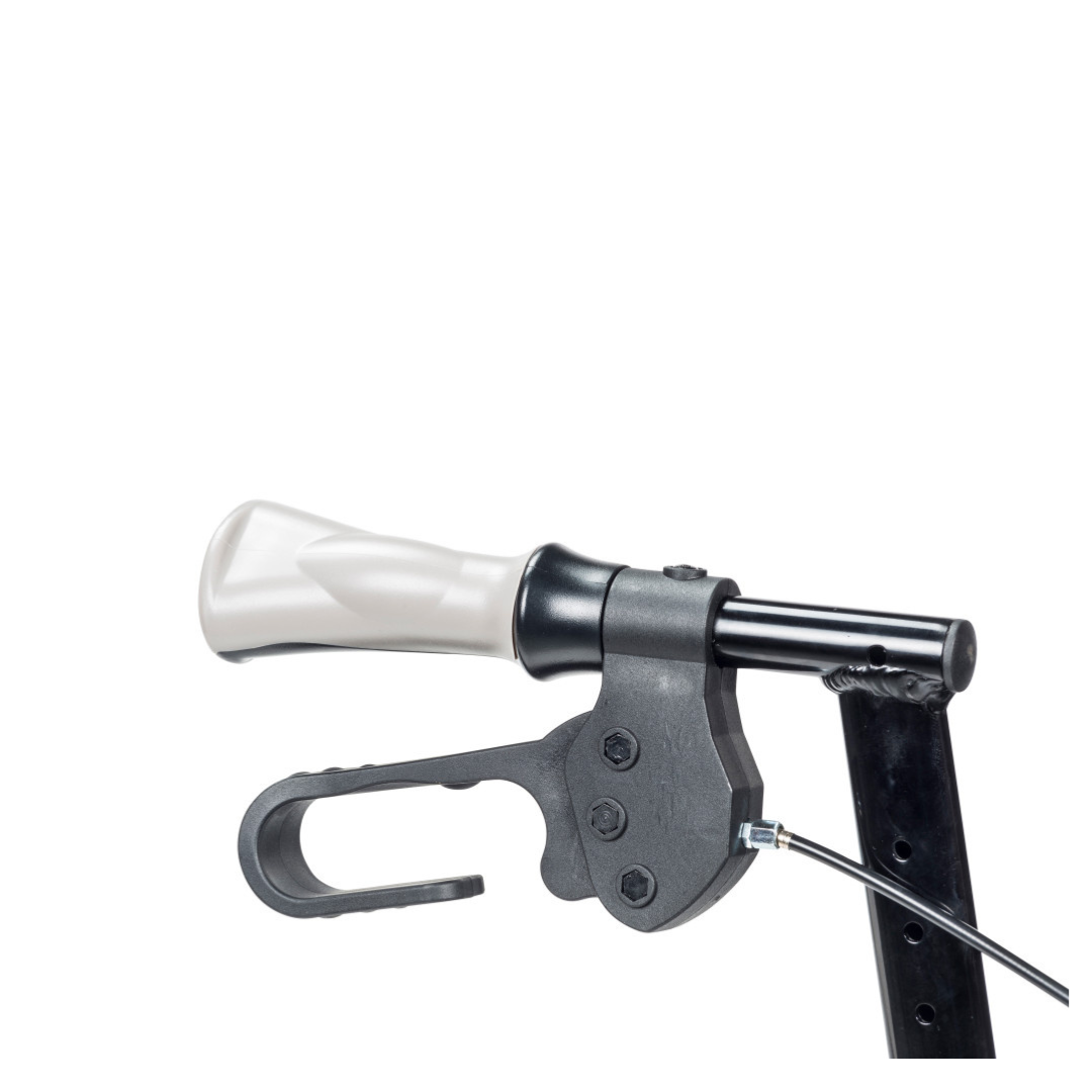 Close-up of the black handlebar on the Drive Airgo eXcursion X23 Lightweight Rollator for Tall Users, featuring a light gray ergonomic grip and a built-in hook for bags, shown against a white background.