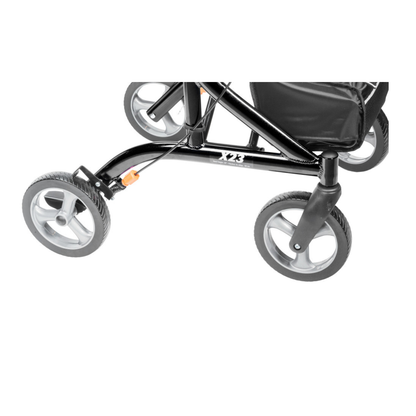Close-up of the lower part of the Drive Airgo eXcursion X23 Lightweight Rollator for Tall Users, showing its black frame, four wheels, and a storage pouch attached above the wheels.