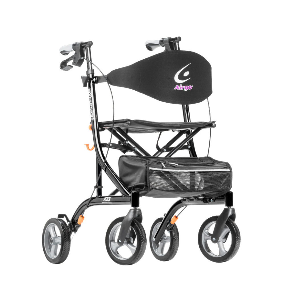 The Drive Airgo eXcursion X23 Lightweight Rollator for Tall Users features a black side-folding frame, four wheels, ergonomic handlebars, padded seat with backrest, and mesh storage bag for comfort and style.