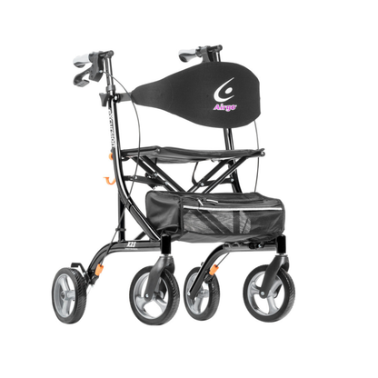 The Drive Airgo eXcursion X23 Lightweight Rollator for Tall Users features a black side-folding frame, four wheels, ergonomic handlebars, padded seat with backrest, and mesh storage bag for comfort and style.