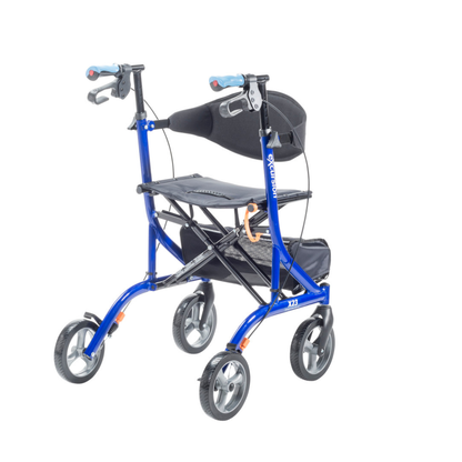 The Drive Airgo eXcursion X23 Lightweight Rollator for Tall Users is a blue, side-folding mobility aid with four wheels, a black cushioned seat, backrest, hand brakes, and storage pouch, displayed on a white background.