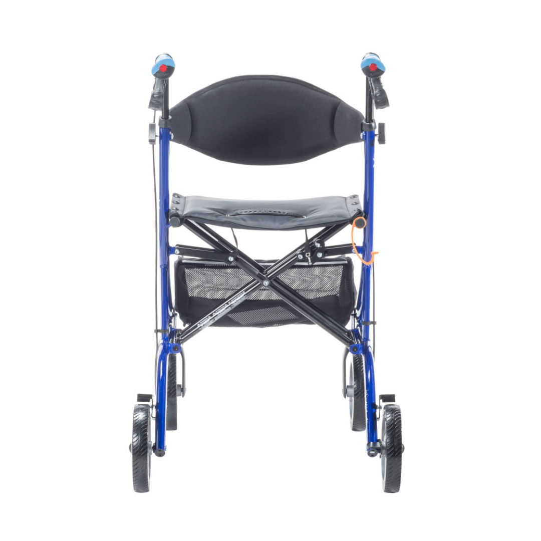 The Drive Airgo eXcursion X23 Lightweight Rollator for tall users is a blue, side-folding walker with four wheels, black cushioned seat, mesh pouch, and ergonomic braking handles—all shown from the front.