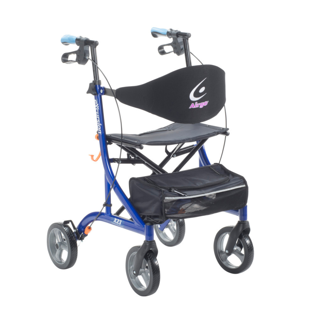 The Drive Airgo eXcursion X23 Lightweight Rollator for tall users is a blue, side-folding walker with hand brakes, a black cushioned backrest, seat, and under-seat storage pouch.