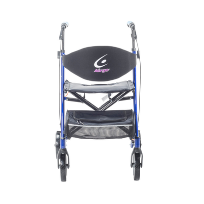 A blue Drive Airgo eXcursion X23 Lightweight Rollator for tall users, featuring four wheels, a black seat, a mesh storage pouch, and a backrest with the “Airgo” logo, shown from the front.