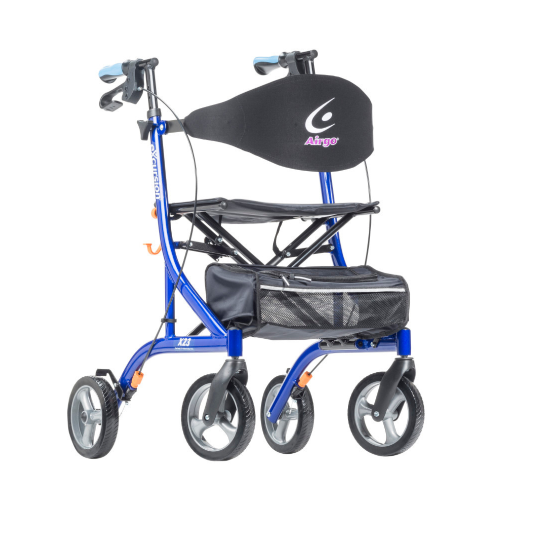 The Drive Airgo eXcursion X23 Lightweight Rollator for Tall Users is a blue, four-wheeled, side-folding walker with hand brakes, black padded seat and backrest, and mesh storage bag under the seat, shown on a white background.