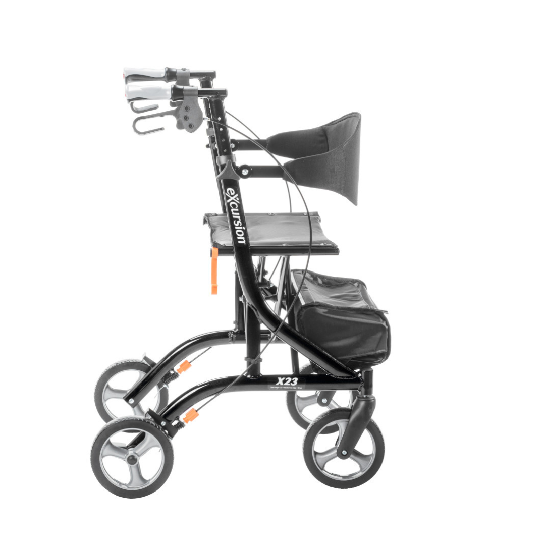 The Drive Airgo eXcursion X23 Lightweight Rollator for Tall Users, in black, is side-folding with four wheels, a padded seat, curved backrest, hand brakes, and an underseat storage pouch. Shown from the side against a white background.