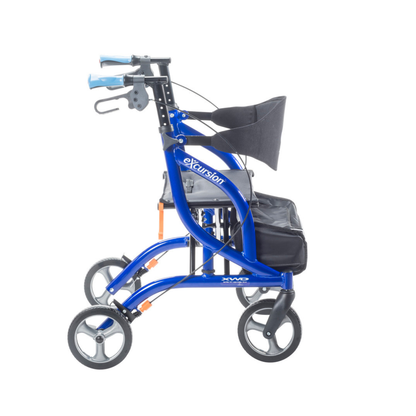 The Drive Airgo eXcursion XWD Lightweight Bariatric Rollator is a blue four-wheel rollator with hand brakes, a black seat, storage bag below, and backrest, shown from the side against a white background.