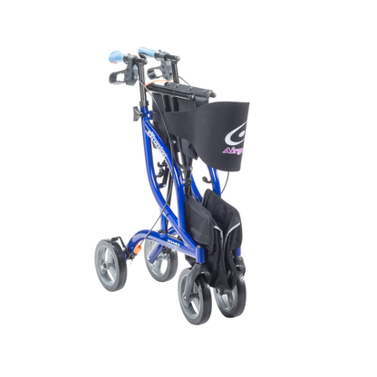 The Drive Airgo eXcursion XWD Lightweight Bariatric Rollator, shown here in blue with four wheels, hand brakes, a black storage bag, and a fabric seat, is folded against a white background for convenient portability.