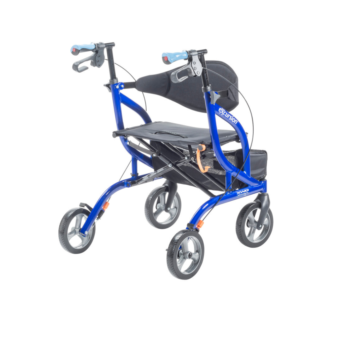 The Drive Airgo eXcursion XWD Lightweight Bariatric Rollator is a blue, four-wheeled walker with a black seat, backrest, and storage pouch. It features handbrakes, large wheels for stability, and supports lightweight bariatric mobility.