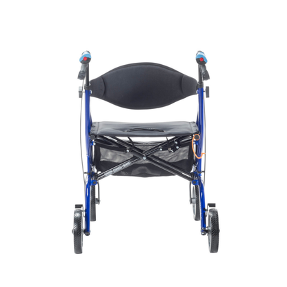 The Drive Airgo eXcursion XWD Lightweight Bariatric Rollator is a blue and black rollator designed for comfort, support, and enhanced mobility, featuring a lightweight frame similar in style to a wheelchair.