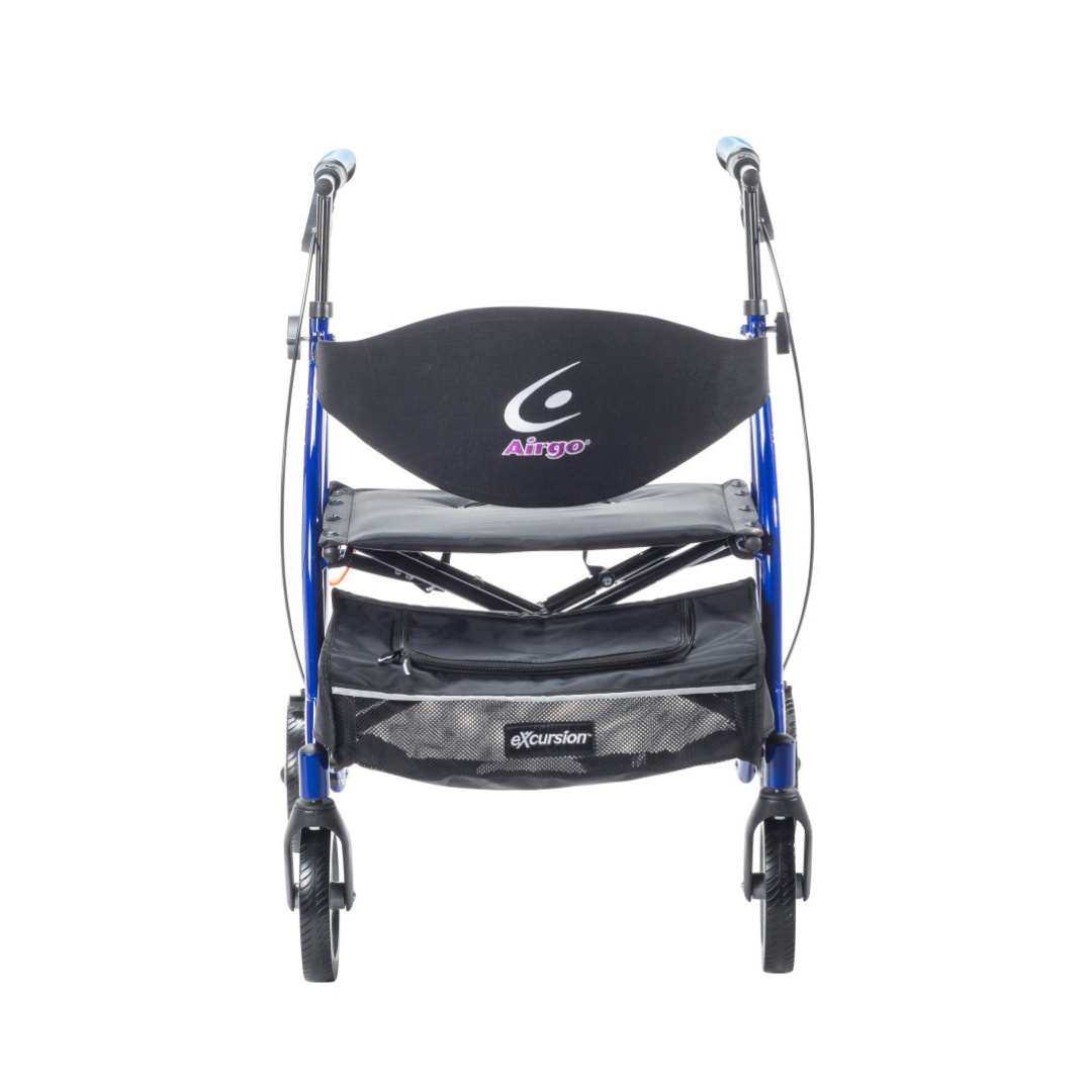 A blue Drive Airgo eXcursion XWD Lightweight Bariatric Rollator with black seat, labeled backrest, storage pouch marked "Excursion" under the seat, four wheels, and two ergonomic handlebars.