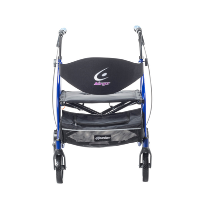A blue Drive Airgo eXcursion XWD Lightweight Bariatric Rollator with black seat, labeled backrest, storage pouch marked "Excursion" under the seat, four wheels, and two ergonomic handlebars.