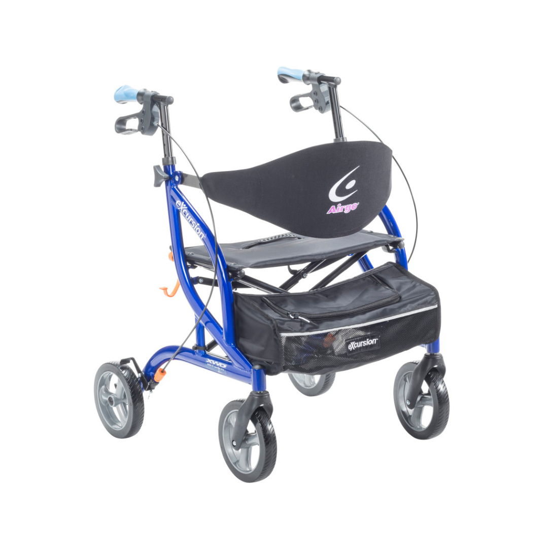A blue Drive Airgo eXcursion XWD Lightweight Bariatric Rollator with a black seat offers easy and comfortable mobility.