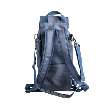 The Air Lift Backpack for Oxygen D Cylinders, in blue and gray, is shown from the back with adjustable shoulder straps, a top handle, and a detachable side strap, isolated on a white background.
