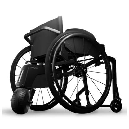 The Alber SMOOV One Power Assist is shown on a modern black wheelchair with large rear wheels and a sleek minimalist design, displayed against a white background.