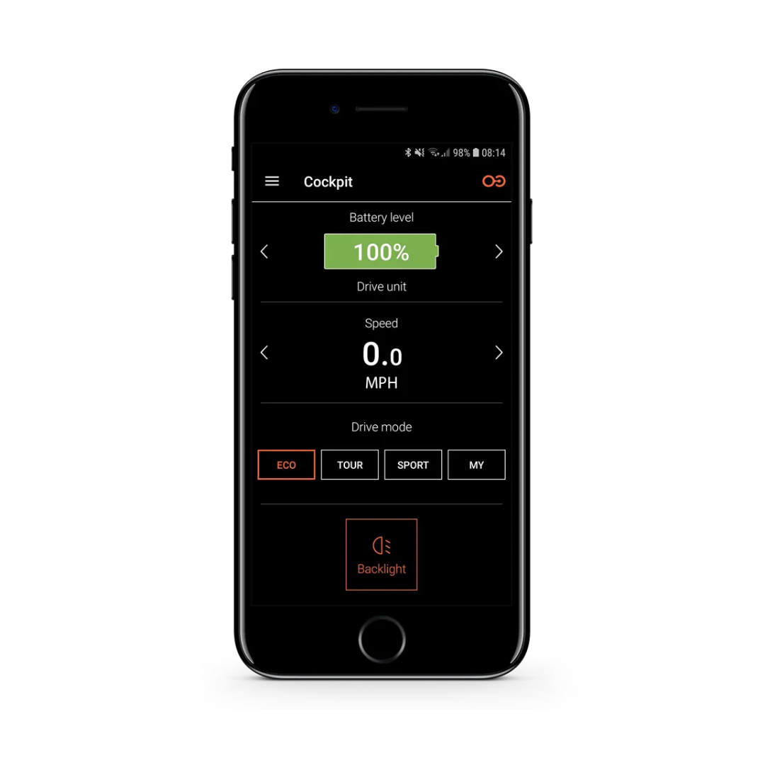A smartphone screen shows the Alber SMOOV One Power Assist app with 100% battery, 0.0 MPH speed, drive modes (Eco, Tour, Sport, My), and a backlight button at the bottom.