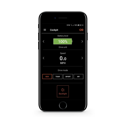 A smartphone screen shows the Alber SMOOV One Power Assist app with 100% battery, 0.0 MPH speed, drive modes (Eco, Tour, Sport, My), and a backlight button at the bottom.