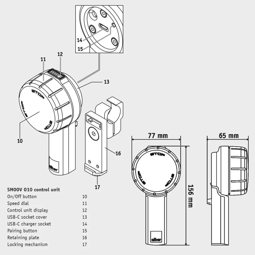 Technical line drawing of the Alber SMOOV One Power Assist control unit with labeled buttons, display, ports, locking mechanisms, and a legend showing dimensions: 156 mm height, 77 mm width, and 65 mm depth.