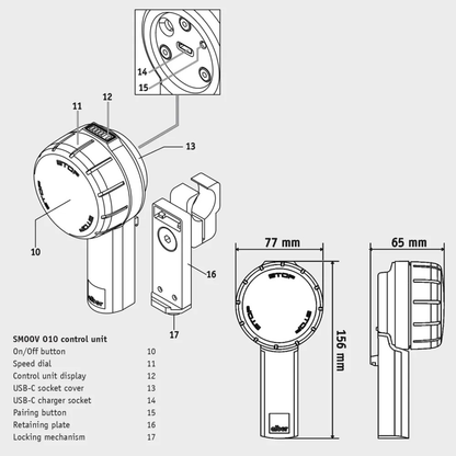 Technical line drawing of the Alber SMOOV One Power Assist control unit with labeled buttons, display, ports, locking mechanisms, and a legend showing dimensions: 156 mm height, 77 mm width, and 65 mm depth.