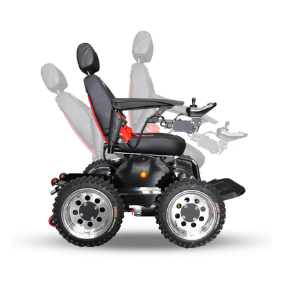 The Wheelchair88 All-Terrain Stair Climbing 4x4 Recreational Electric Vehicle features large, rugged wheels and a joystick controller, displayed in multiple reclining positions against a white background.