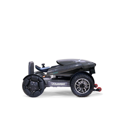 The Golden Tech Ally Sport Smart Powerchair, in black with omni-directional wheels and app control, features ergonomic memory foam seating and AllSport branding. Photographed against a plain white background.