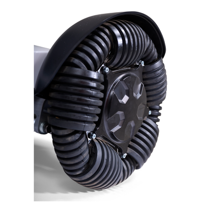 Close-up of a black segmented omni wheel with curved rubber sections and silver bolts, designed for multi-directional movement on the Golden Tech Ally Sport Smart Powerchair with app control. The background is white.