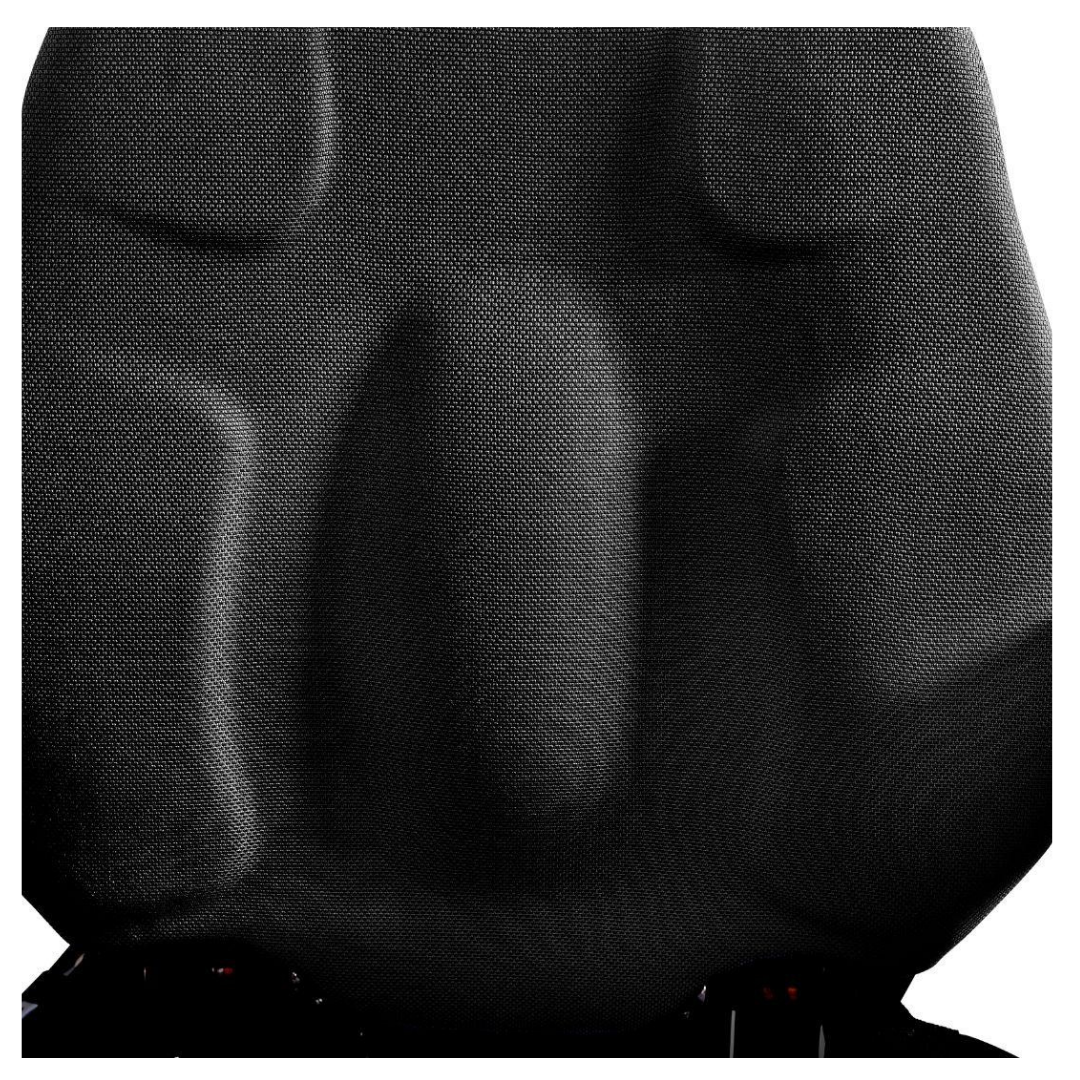 Close-up of a textured black backrest with contoured ergonomic support, featured on the Golden Tech Ally Sport Smart Powerchair with Omni-Directional Wheels and App Control, photographed against a white background.