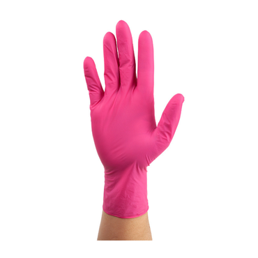 A hand wears a Dynarex AloeSkin Pink Nitrile Exam Glove with Aloe, powder-free and disposable, fingers spread against a plain white background.