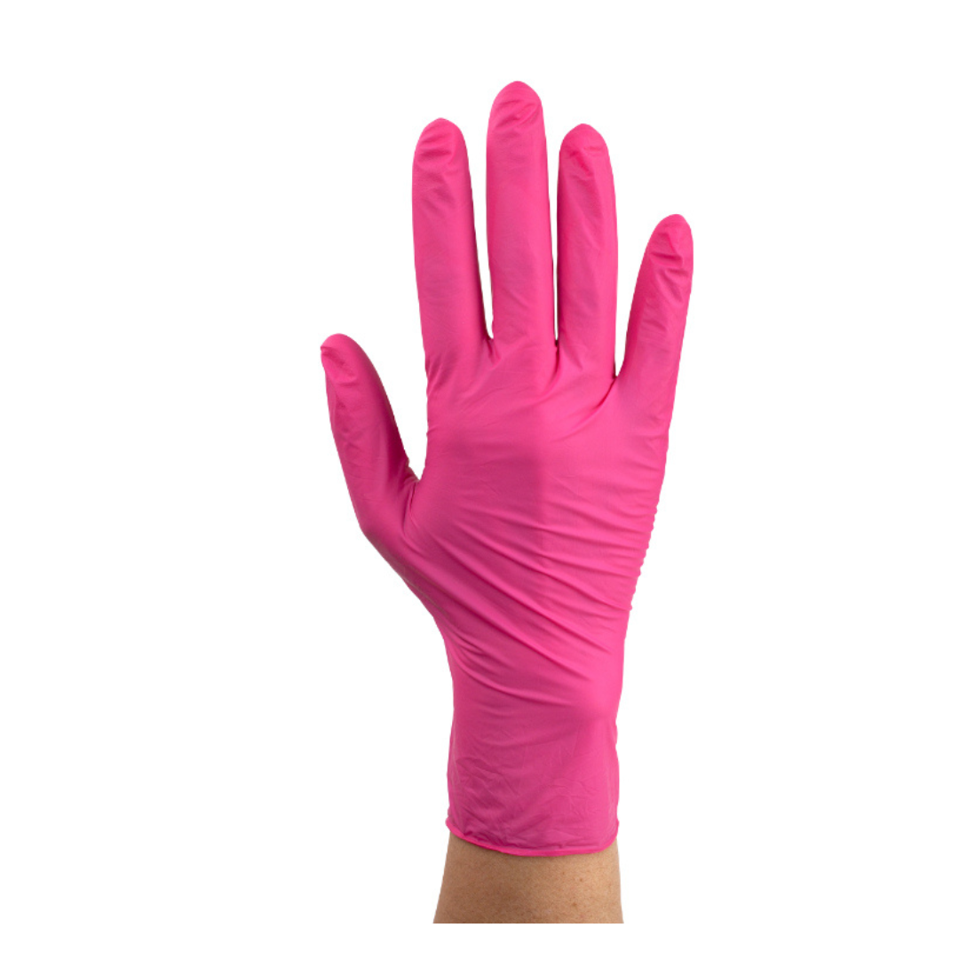 A left hand wearing a bright pink Dynarex AloeSkin Pink Nitrile Exam Glove w/ Aloe is held upright against a plain white background.