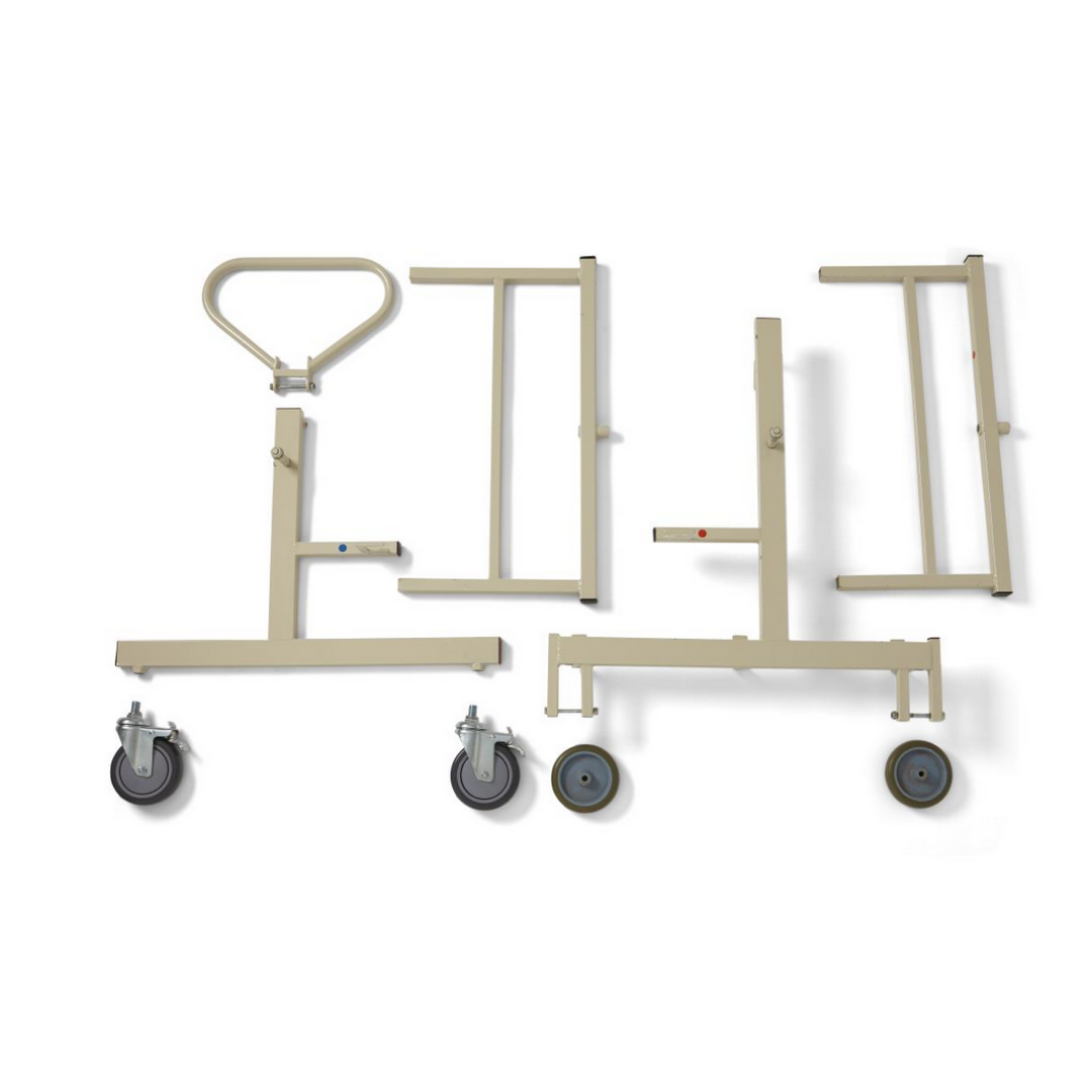 Four Medline Alterra Bed Trolley beige metal frames with caster wheels are displayed on a white background, showing components for assembling a rolling cart or mobile stand; two wheels are attached, while two are placed nearby.