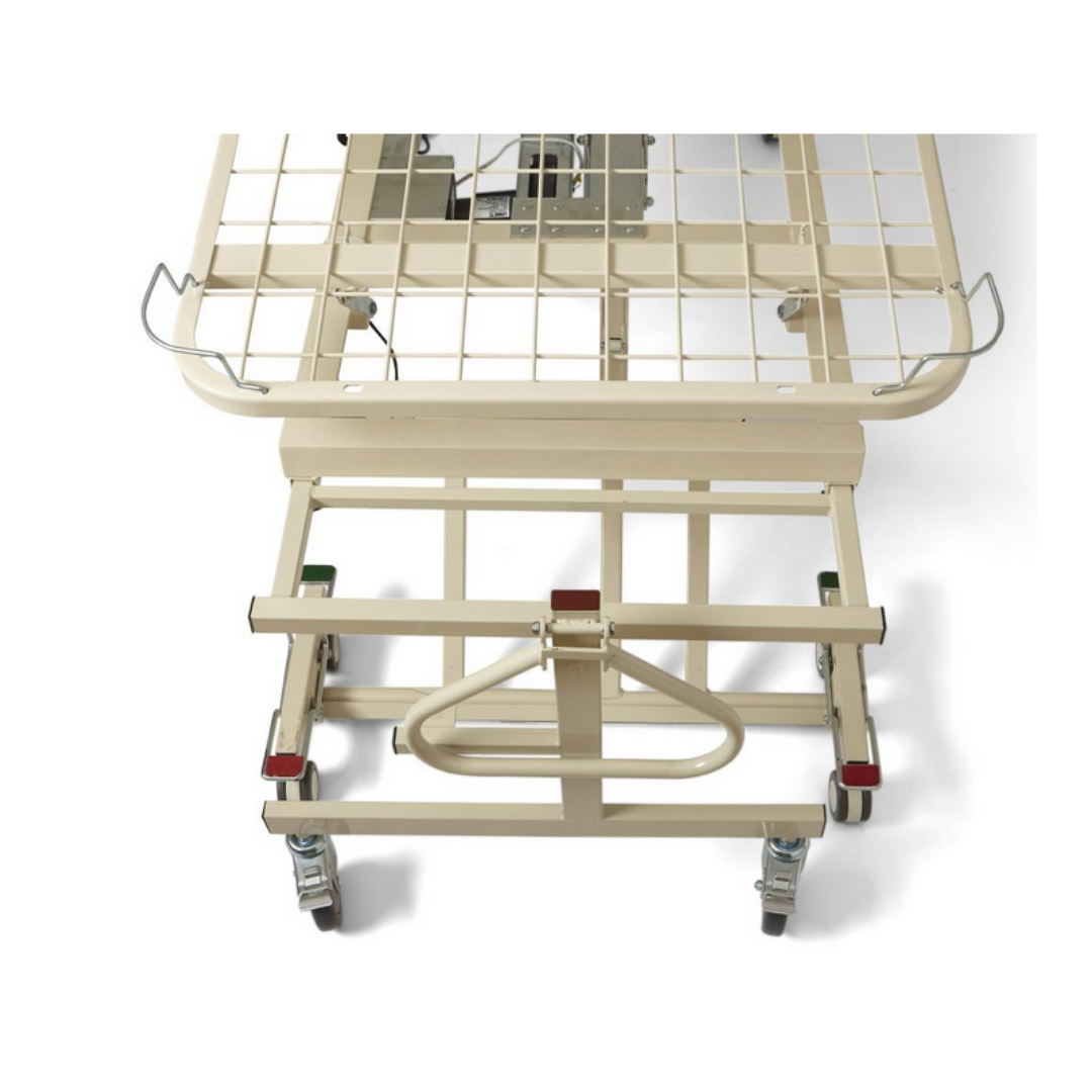 Overhead view of a beige Medline Alterra Bed Trolley on wheels, showing metal bars, handles, and mechanical components designed for tool-free setup.
