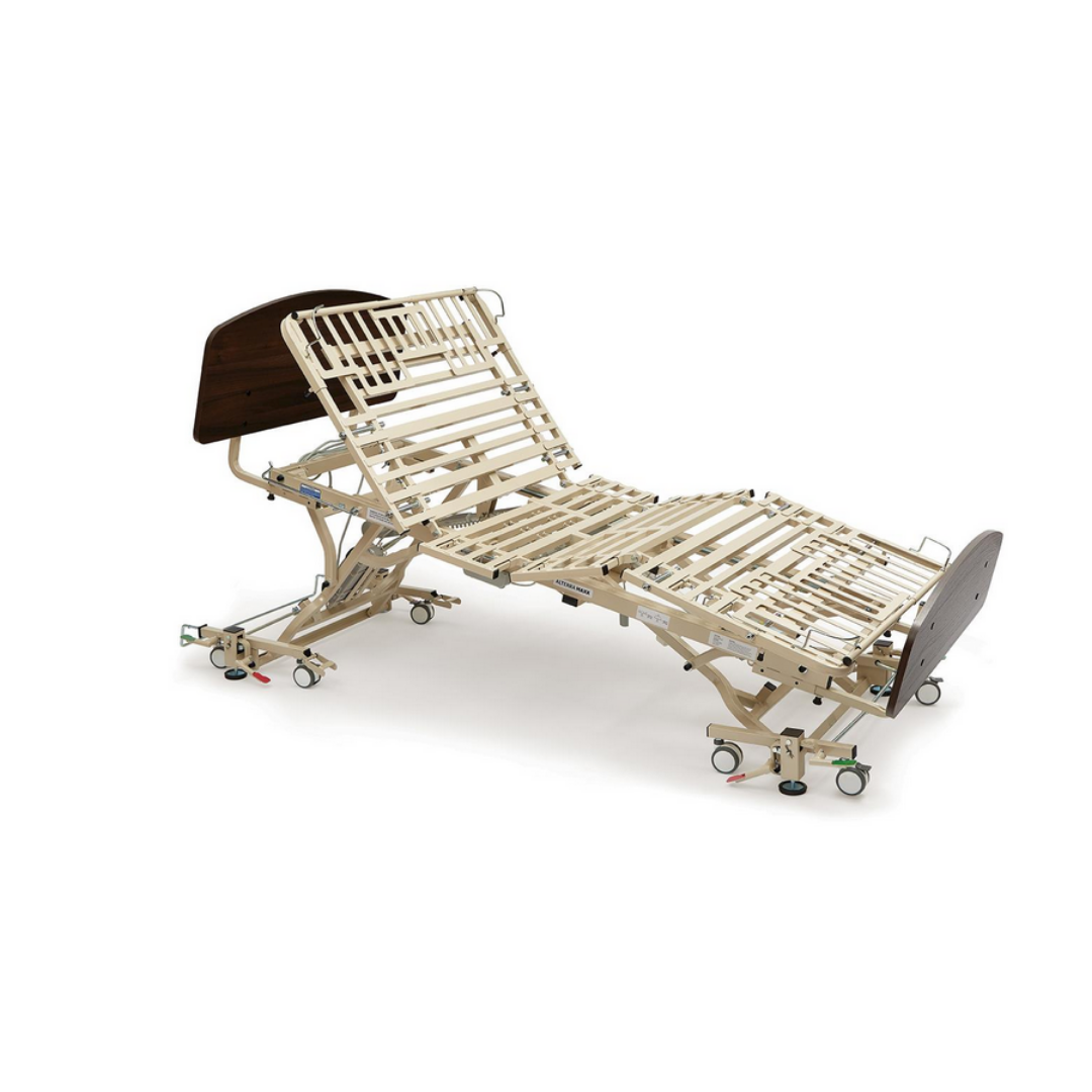 The Medline Alterra Maxx Long-Term Care Hi/Low Hospital Bed has a beige metal frame split into three sections, integrated width and length adjustments, locking wheels, and curved wooden head- and footboards.