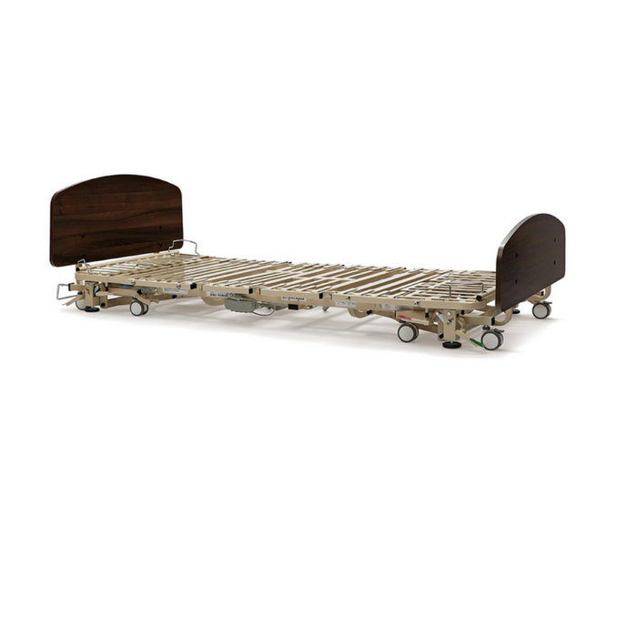 The Medline Alterra Maxx Long-Term Care Hi/Low Hospital Bed is shown on a white background, featuring wooden head and footboards, metal mattress support slats, wheels for easy mobility, and built-in width and length adjustments.