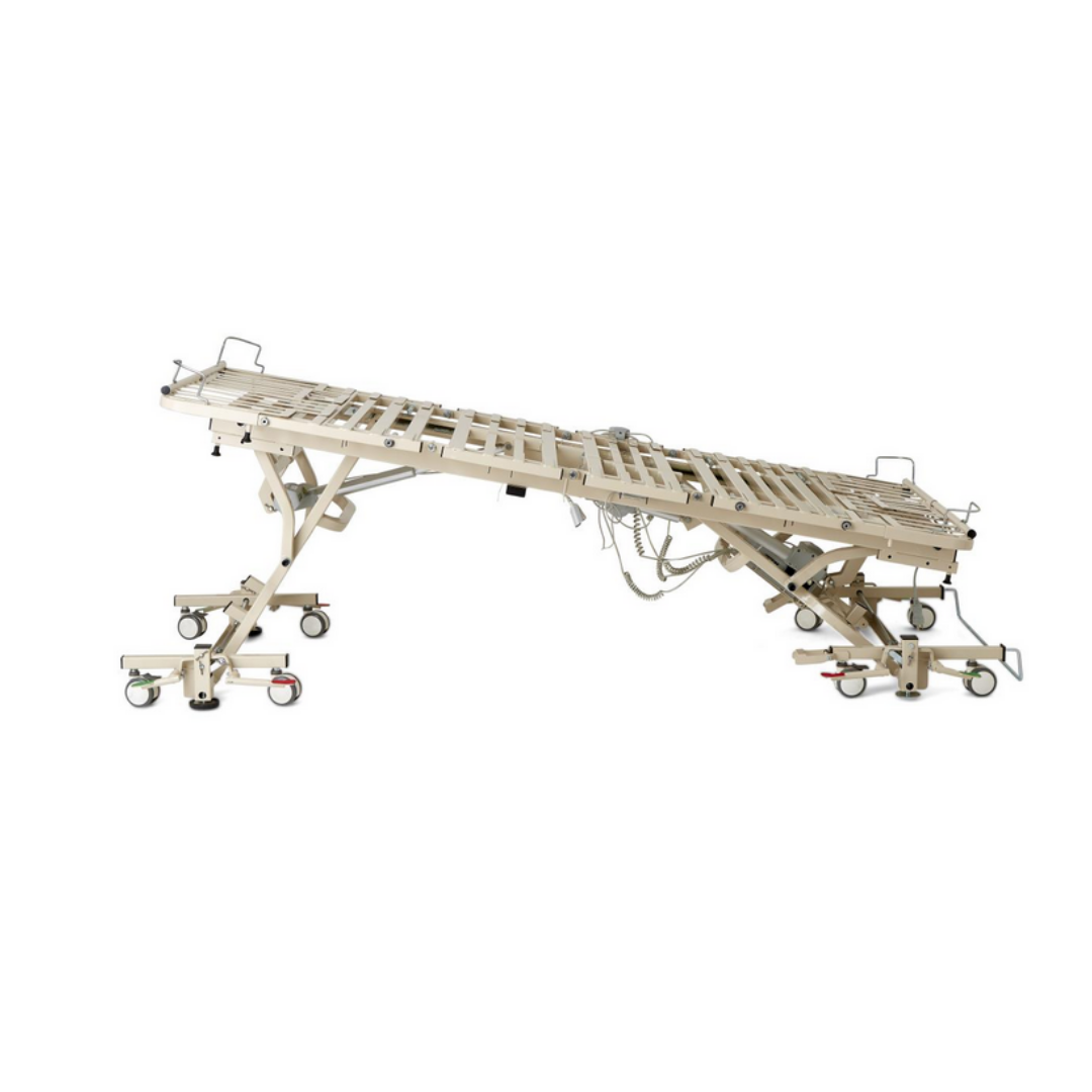 A beige Medline Alterra Maxx Long-Term Care Hi/Low Hospital Bed with wheels, shown reclined and angled. Features side rails, segmented platform, integrated width/length adjustments, and a 5-function hand pendant for easy control.
