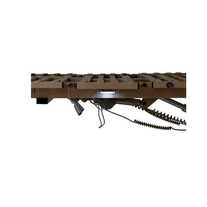 A close-up side view of a brown, slatted metal platform with adjustable width and length and coiled cables beneath, isolated on white—part of the Medline Alterra Maxx Long-Term Care Hi/Low Hospital Bed.