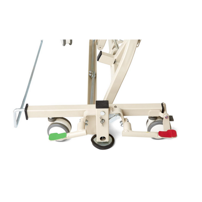 Close-up of a medical lift base with wheels and a beige metal frame. Two foot pedals, green and red, control wheel movement. Designed to complement the Medline Alterra Maxx Long-Term Care Hi/Low Hospital Bed with adjustable width and length.