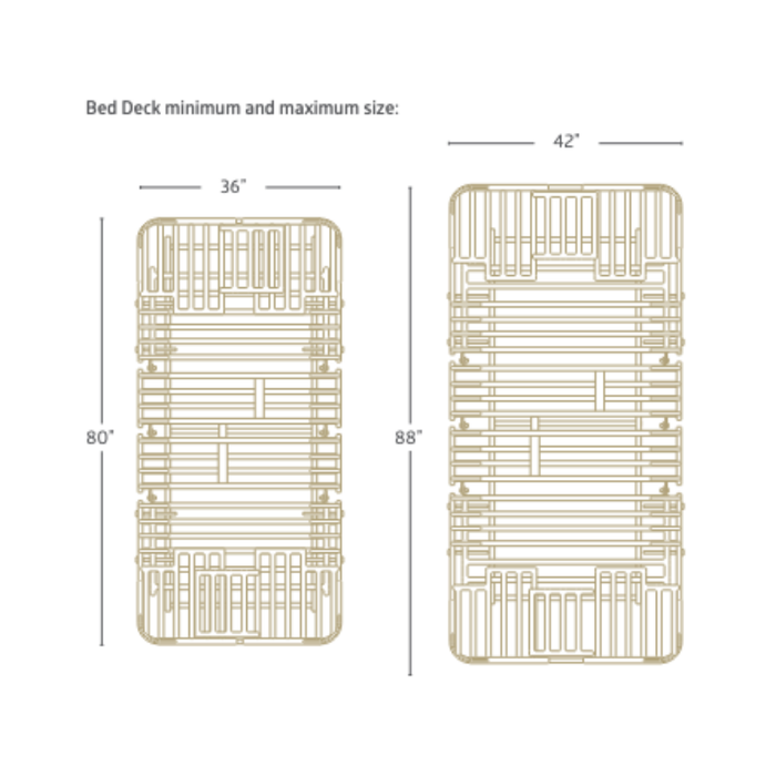 Diagram showing two Medline Alterra Maxx Long-Term Care Hi/Low Hospital Bed deck layouts: minimum size 36 x 80 inches, maximum size 42 x 88 inches, highlighting integrated width and length adjustments with detailed internal line patterns.